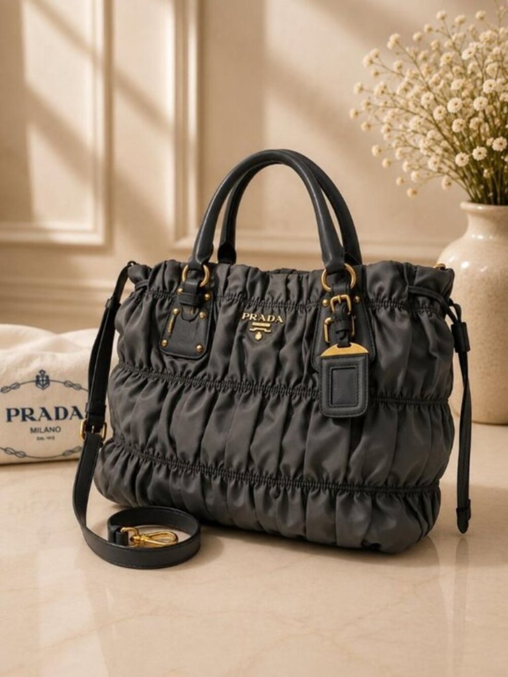 Authentic Prada Gaufre Ruched Nylon Tote Bag Leather Trim Shoulder Crossbody